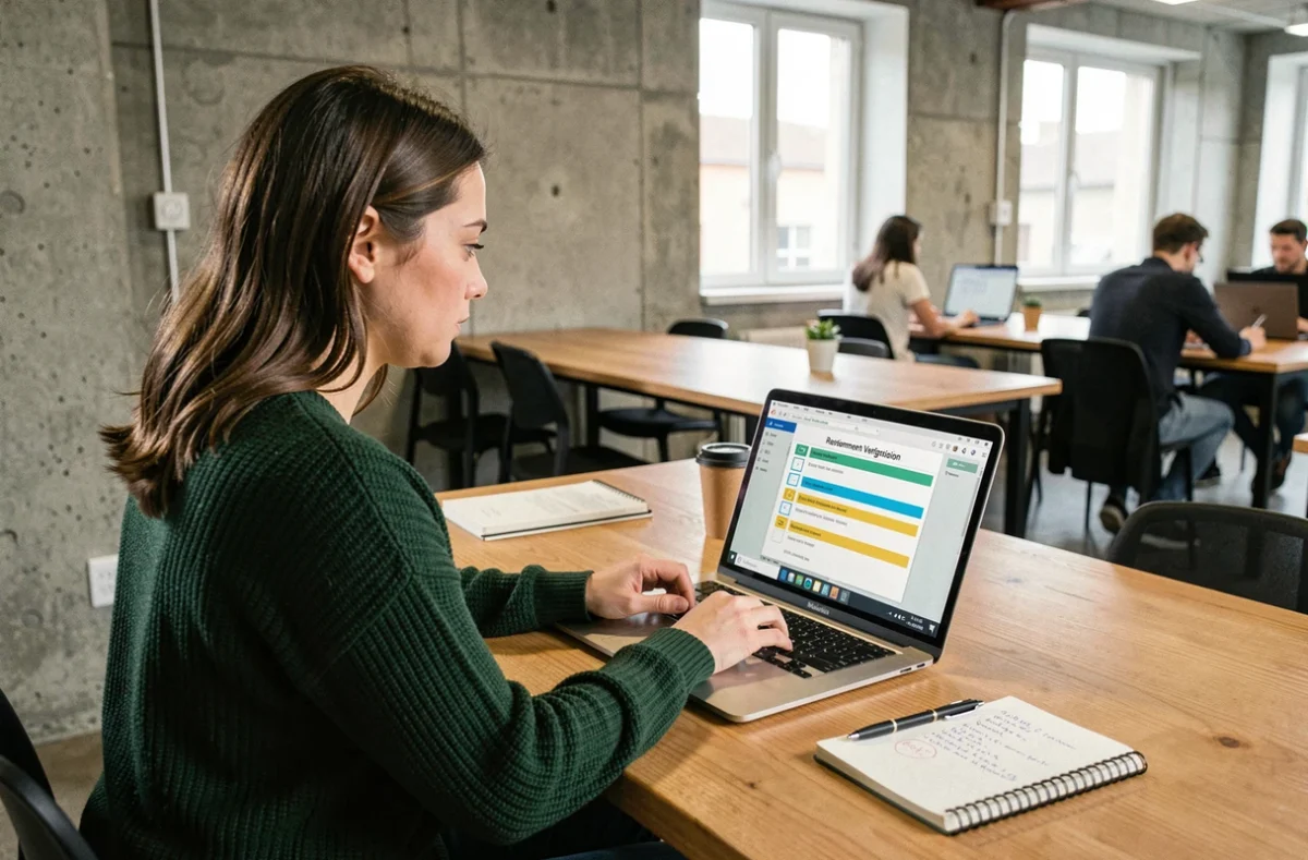 Jeune femme suivant les étapes de son remboursement Quoty sur un ordinateur dans un espace de coworking