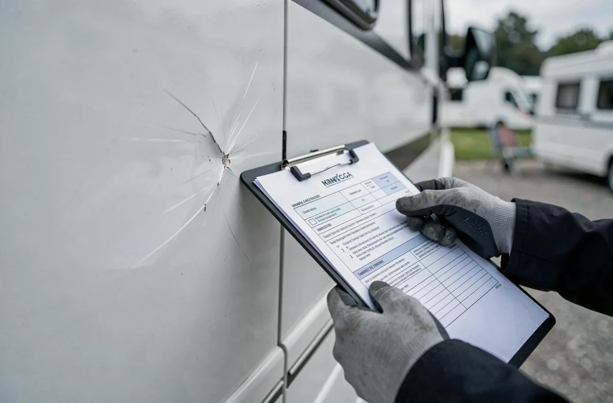 Inspection d'un sinistre sur la carrosserie d'un camping-car lors d'une expertise d'assurance