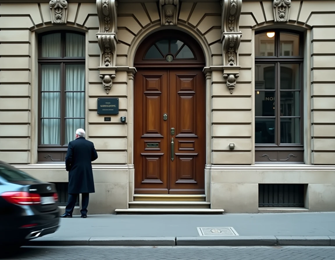 Façade haussmannienne imposante à Paris avec un homme en manteau sombre gravissant les marches, évoquant un empire financier discret