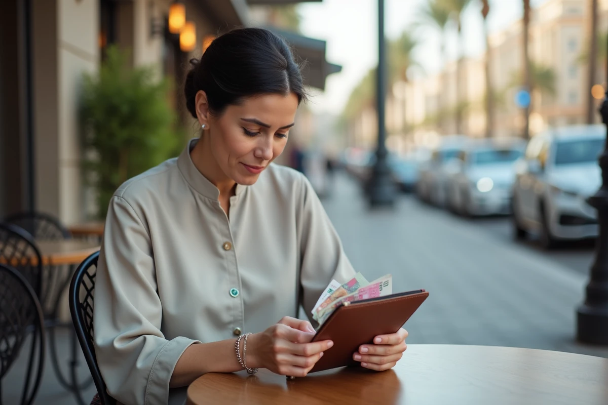 Femme en abaya comptant des dirhams dans un café