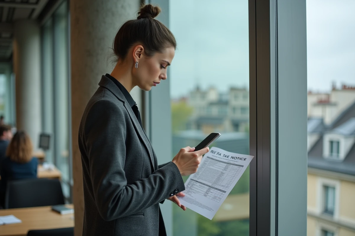 Femme d'affaires tenant un avis fiscal et consultant son téléphone dans un open space moderne parisien