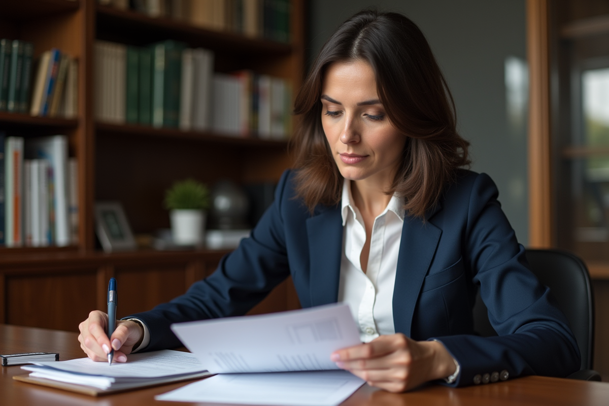 Femme d'affaires en réunion avec documents légaux