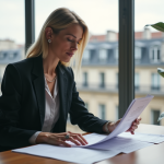 Femme d affaires examinant des documents d investissement