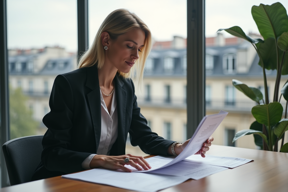 Femme d affaires examinant des documents d investissement