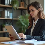 Femme d'affaires regardant des graphiques financiers sur une tablette