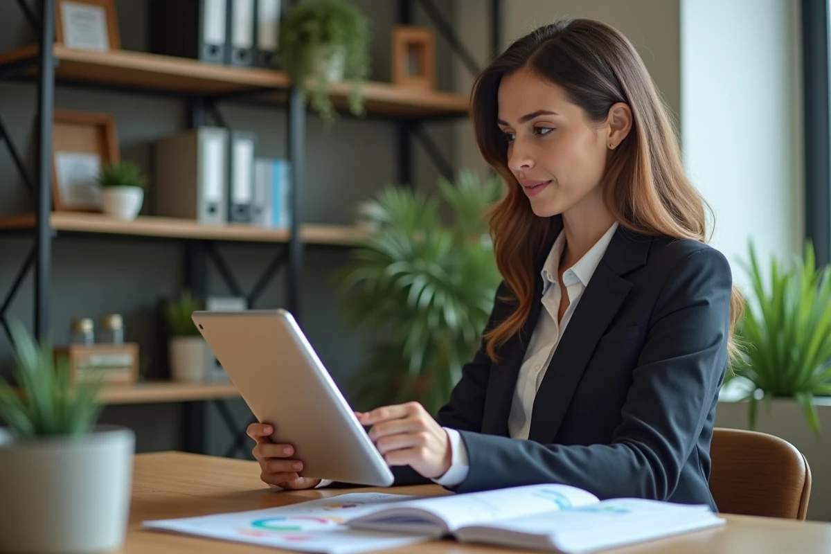 Femme d'affaires regardant des graphiques financiers sur une tablette