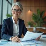 Femme d'affaires analysant des documents financiers dans une salle de réunion moderne, illustrant la gestion de trésorerie d'entreprise