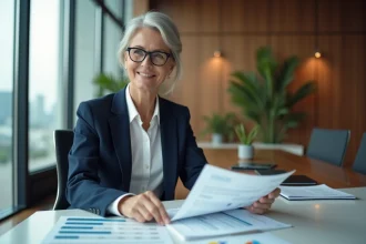 Femme d'affaires analysant des documents financiers dans une salle de réunion moderne, illustrant la gestion de trésorerie d'entreprise