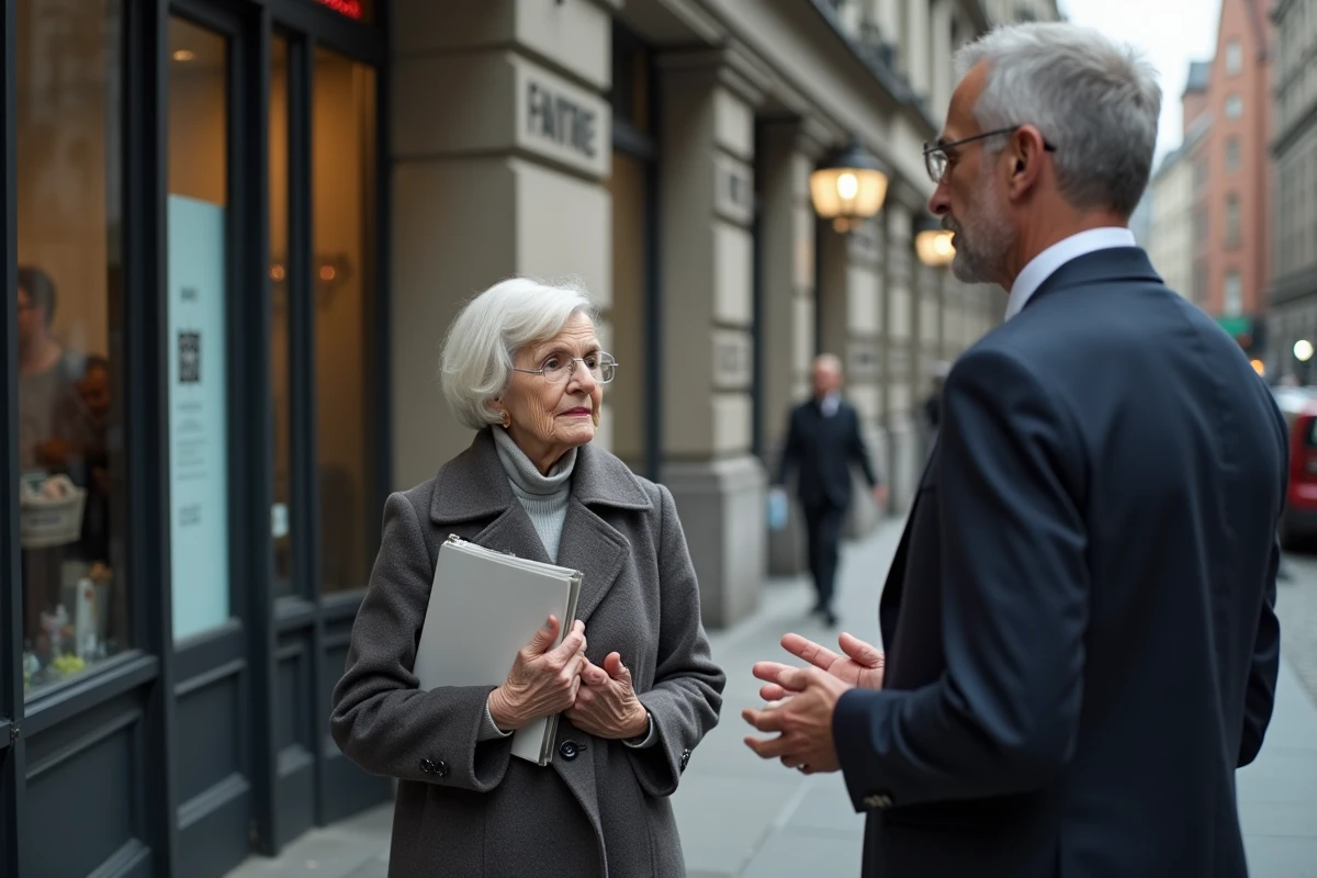 Femme âgée parlant avec un courtier devant une agence d