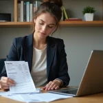 Femme cadre analysant ses fiches de paie et son budget mensuel sur un bureau en bois moderne pour évaluer son niveau de vie avec un salaire de 40000 euros brut annuel