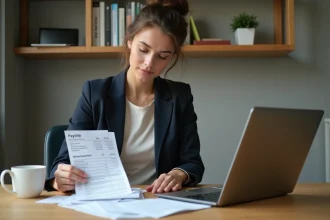 Femme cadre analysant ses fiches de paie et son budget mensuel sur un bureau en bois moderne pour évaluer son niveau de vie avec un salaire de 40000 euros brut annuel