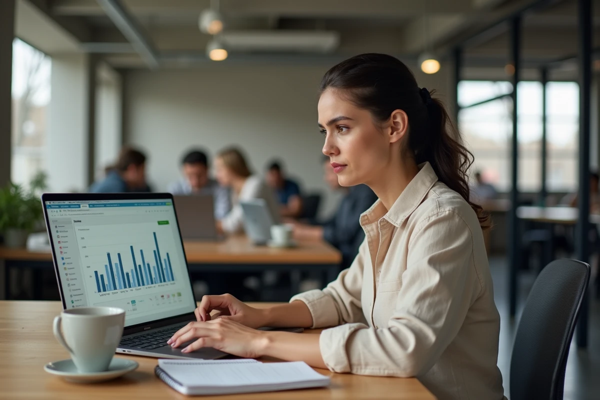 Femme cadre analysant un graphique sur les inégalités salariales hommes-femmes sur son ordinateur portable au bureau