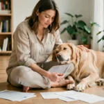 Femme consultant des documents d'assurance chien avec son golden retriever à la maison