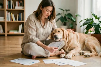 Femme consultant des documents d'assurance chien avec son golden retriever à la maison