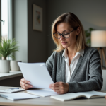 Femme d'âge moyen en bureau à domicile examinant un document d'assurance