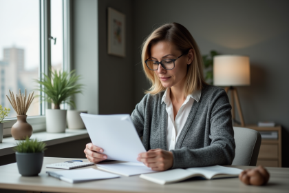 Femme d'âge moyen en bureau à domicile examinant un document d'assurance