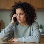 Femme frustrée tenant son téléphone en attendant une réponse du service client Cetelem