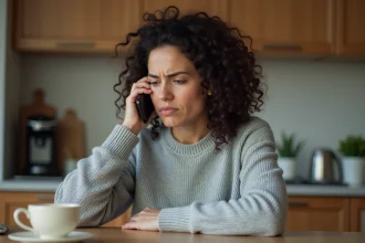 Femme frustrée tenant son téléphone en attendant une réponse du service client Cetelem