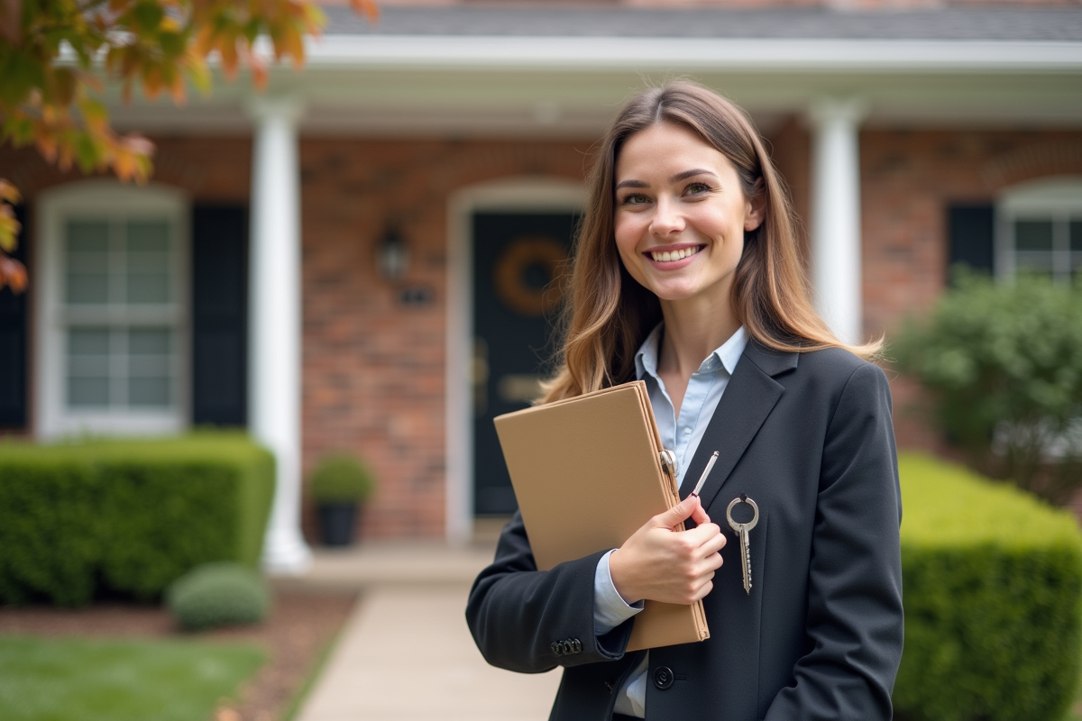 Femme souriante tenant des clés devant une maison neuve