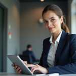Femme d affaires souriante utilisant une tablette dans une banque