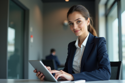 Femme d affaires souriante utilisant une tablette dans une banque