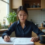 Femme consultantson bulletin de salaire avec 2480 euros brut à la table de cuisine, calcul du salaire net 2026