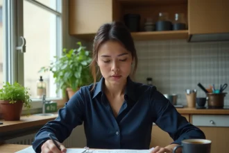 Femme consultantson bulletin de salaire avec 2480 euros brut à la table de cuisine, calcul du salaire net 2026