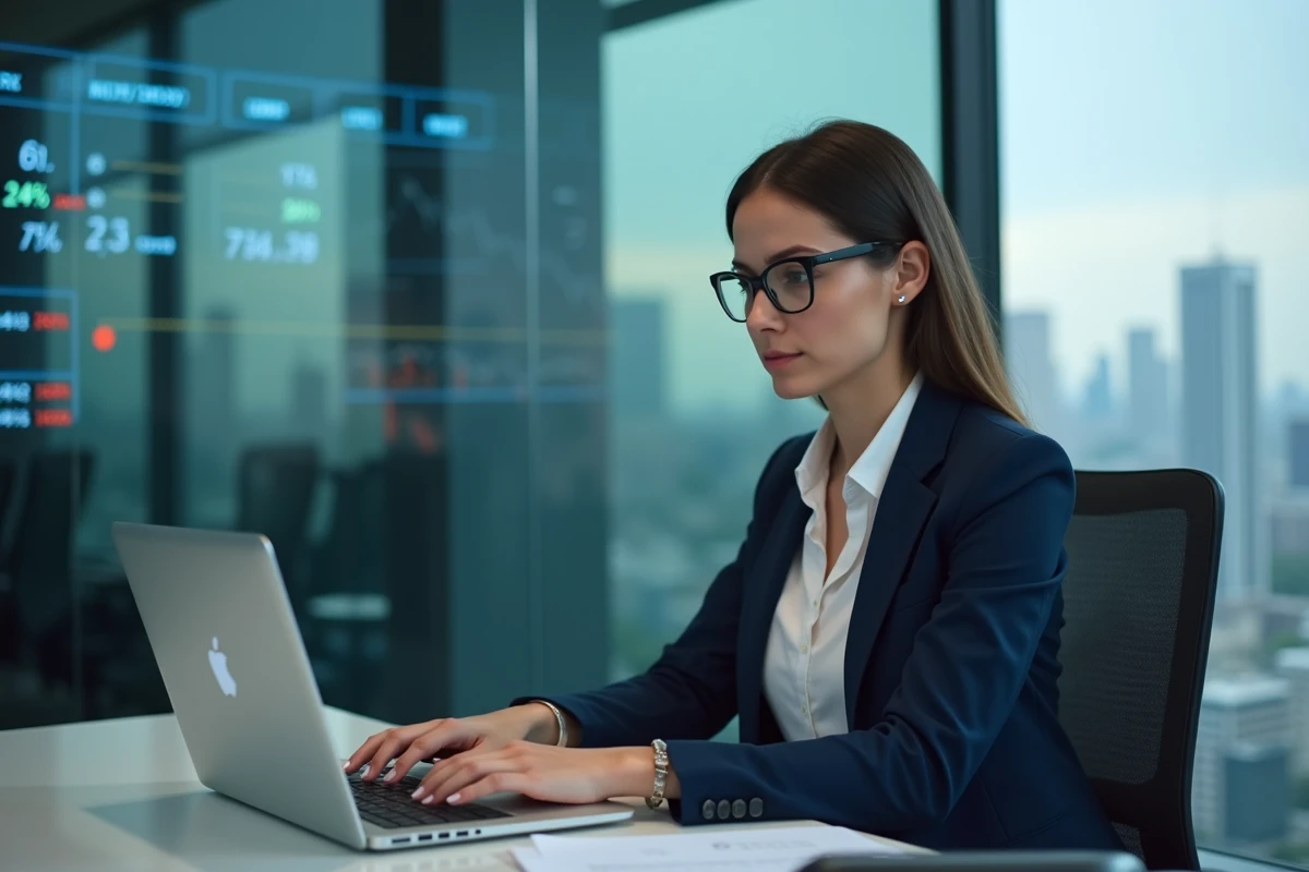 Femme en blazer navy dans un bureau moderne avec vue citadine