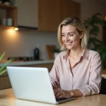 Femme en tenue professionnelle travaillant sur son ordinateur à la maison