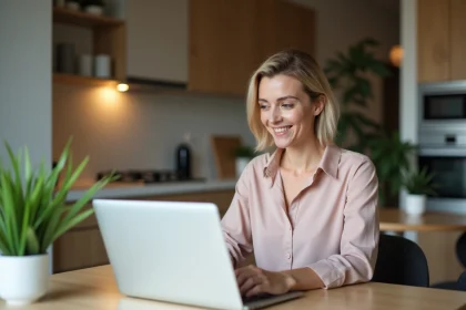 Femme en tenue professionnelle travaillant sur son ordinateur à la maison