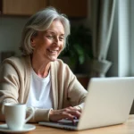 Femme d'âge moyen utilisant un ordinateur portable dans une cuisine moderne