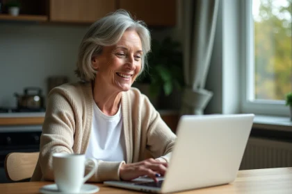 Femme d'âge moyen utilisant un ordinateur portable dans une cuisine moderne