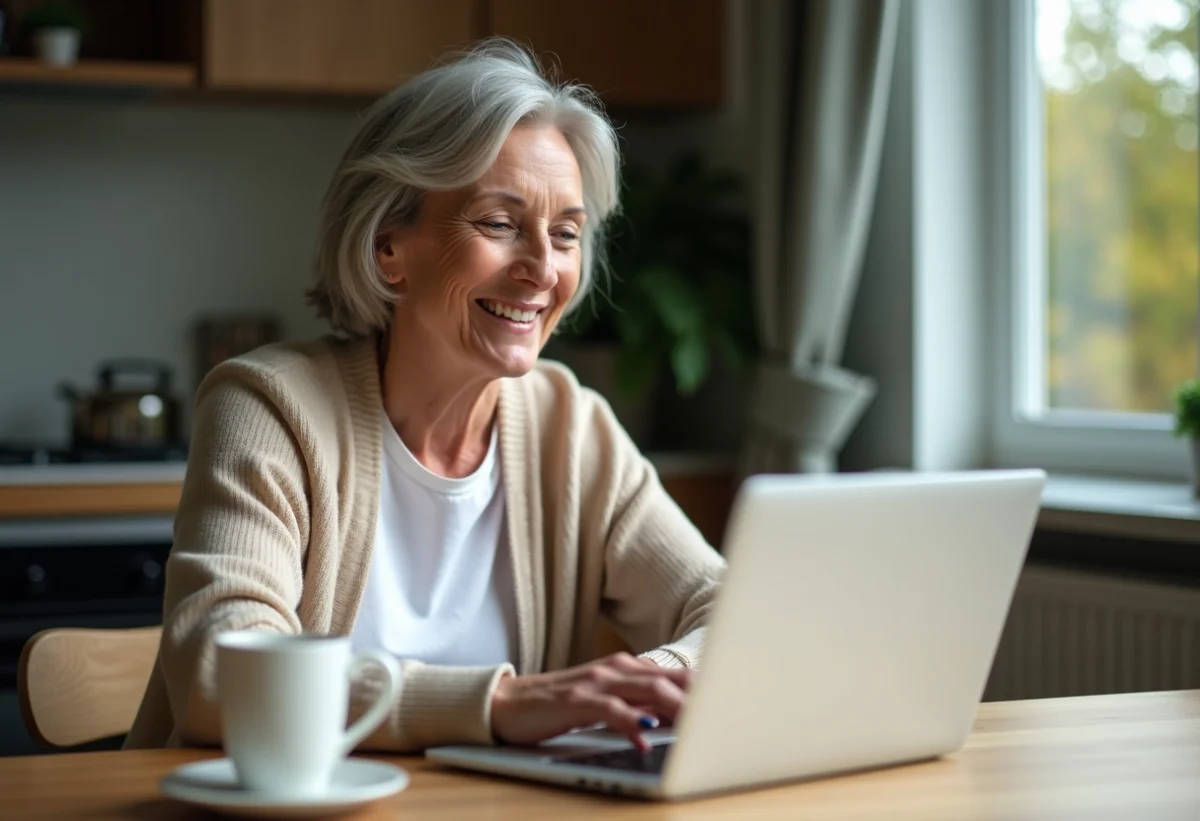 Femme d'âge moyen utilisant un ordinateur portable dans une cuisine moderne
