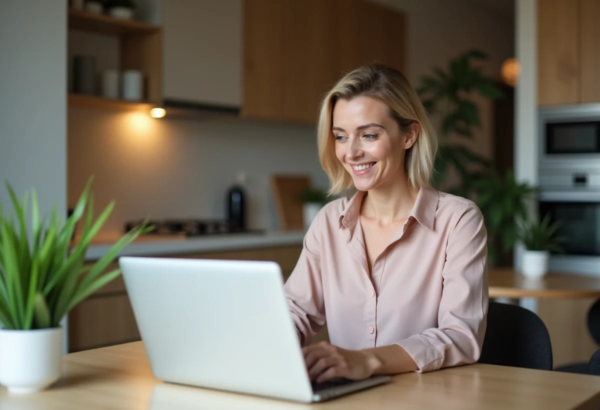 Femme en tenue professionnelle travaillant sur son ordinateur à la maison