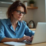Femme d'âge moyen travaillant sur un ordinateur portable dans une cuisine lumineuse