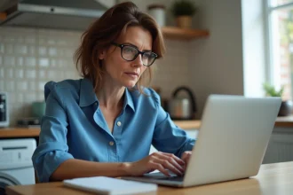 Femme d'âge moyen travaillant sur un ordinateur portable dans une cuisine lumineuse