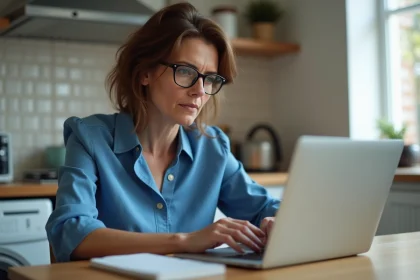 Femme d'âge moyen travaillant sur un ordinateur portable dans une cuisine lumineuse