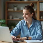 Femme concentrée sur son ordinateur dans un bureau lumineux