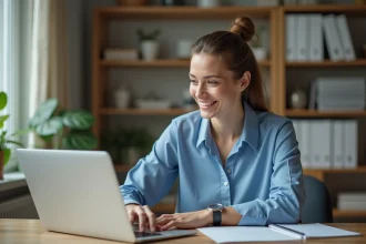 Femme concentrée sur son ordinateur dans un bureau lumineux