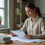 Femme d affaires lisant des documents dans un bureau moderne