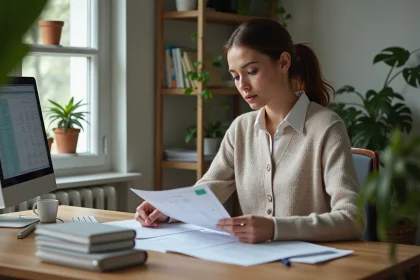 Femme d affaires lisant des documents dans un bureau moderne