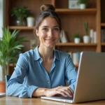Femme en bureau moderne utilisant son ordinateur dans un intérieur chaleureux