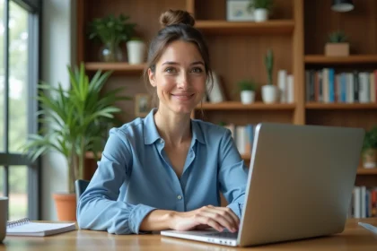 Femme en bureau moderne utilisant son ordinateur dans un intérieur chaleureux
