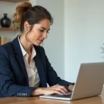 Femme en bureau moderne vérifiant ses transactions bancaires