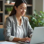 Jeune femme professionnelle tapant sur son ordinateur dans un bureau moderne