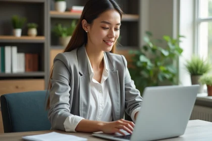 Jeune femme professionnelle tapant sur son ordinateur dans un bureau moderne