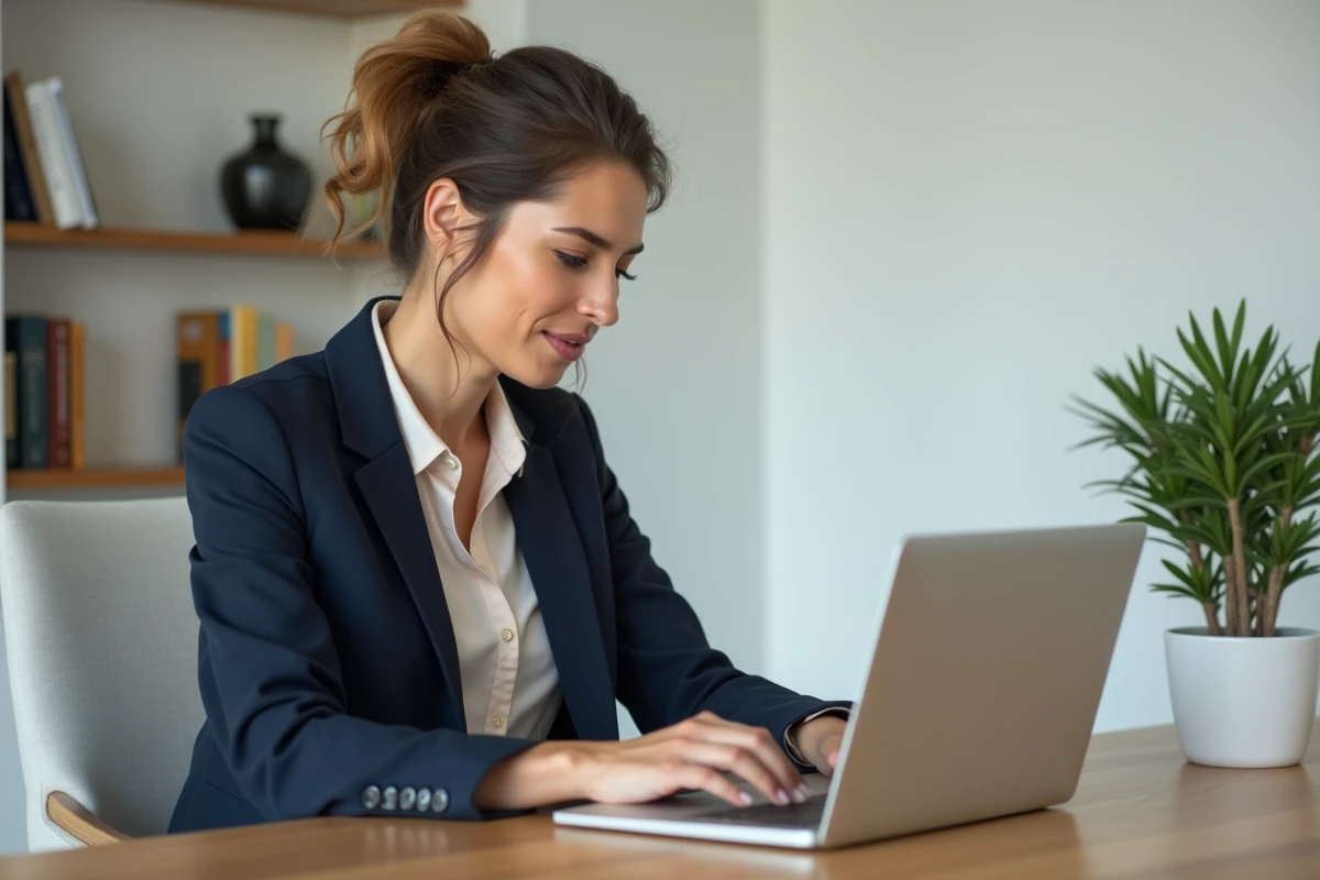 Femme en bureau moderne vérifiant ses transactions bancaires