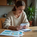 Femme triant des chèques-cadeaux dans une cuisine chaleureuse