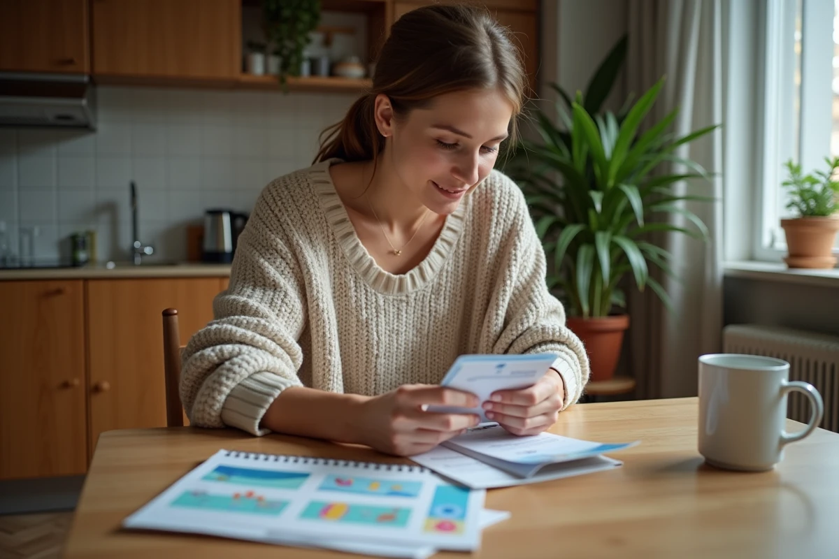 Femme triant des chèques-cadeaux dans une cuisine chaleureuse