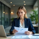 Femme cadre analysant des documents bancaires CDC Banque des territoires dans un bureau moderne